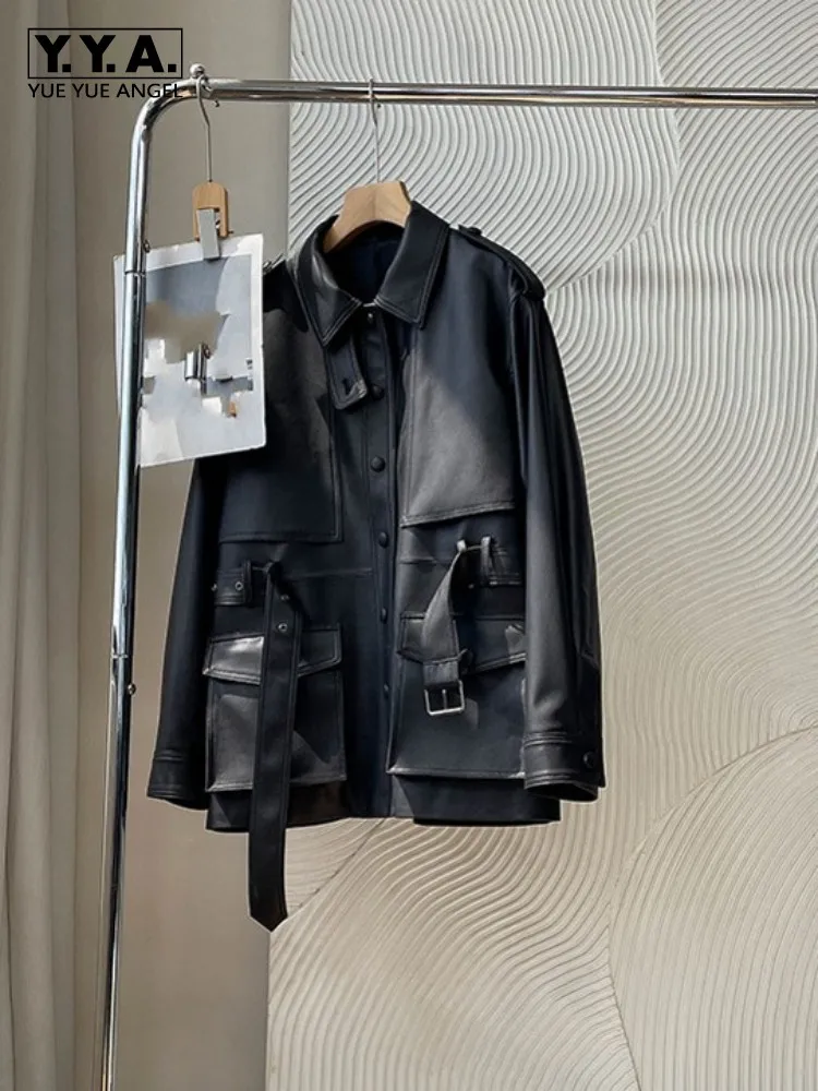British Female Turn-Down Collar Single-Breasted Genuine Leather Jacket Solid Color Sheepskin Long Sleeves Belt Loose Outwear