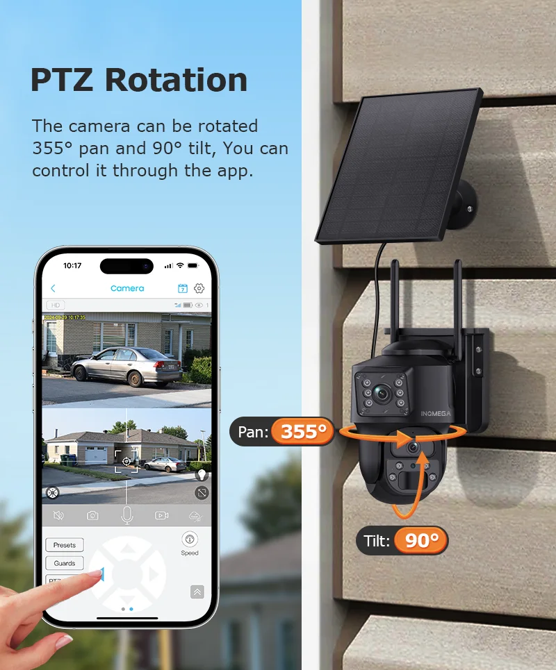 INQMEGA 4K 6MP Solar Camera 4G Sim Dual Lens Security Dual Screen Recording Humanoid Tracking Color Night Vision WiFi Cam PTZ