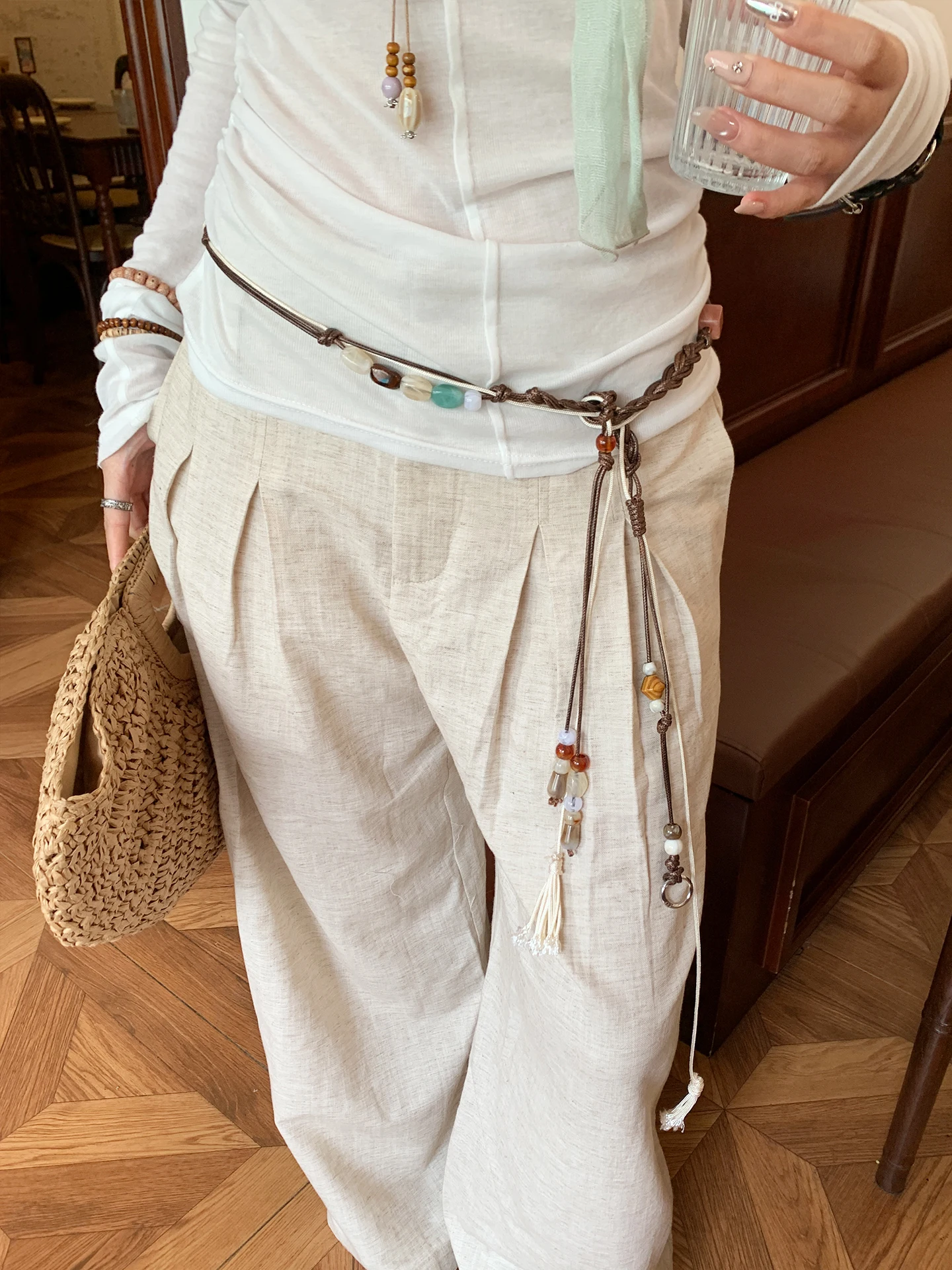 Handmade Woven Bead Waist Rope For Women Vintage Ethnic Waist Belt With Skirt Jeans Belt Decoration