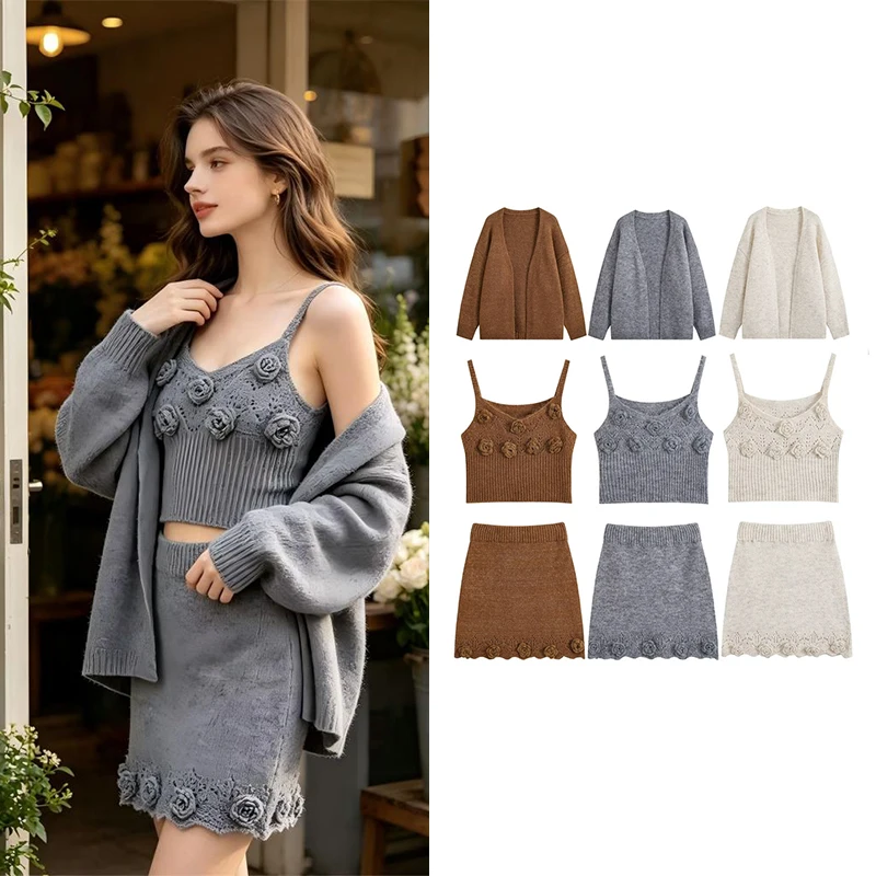 Guobioziy 2026 New Women's 3‑Piece Knitted Floral Set Cardigan Camisole Mini Skirt Slim Fit With A Soft Touch
