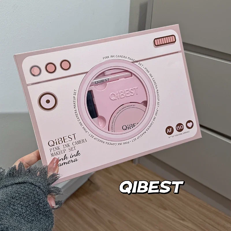 QIBEST rose appareil photo ensemble de maquillage rouge à lèvres poudre pressée Blush lèvres boue Eyeliner Mascara sourcil stylo beauté coffret cadeau ensembles de cosmétiques