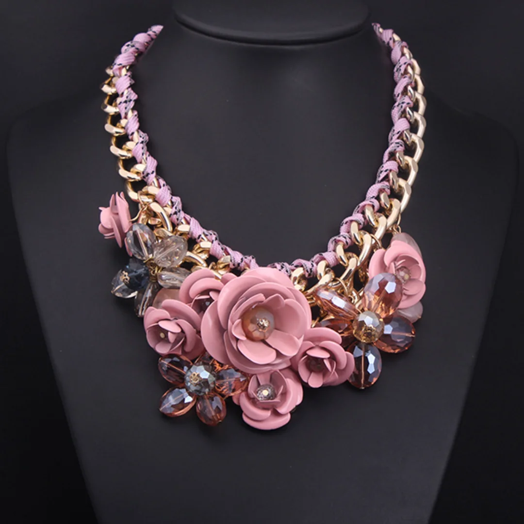 European and American Pink Flower Gemstone Multi-layer Exaggerated Necklace Short Collarbone Fashionable Women\'s Accessory