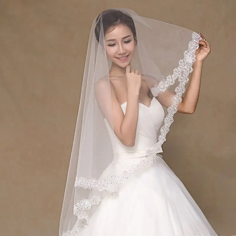 

Elegant Welon Ivory Wedding Veil Lace Edge without Comb Sexy Bridal Veils Velo de novia 1.5 Meter Bridal accessories Wesele
