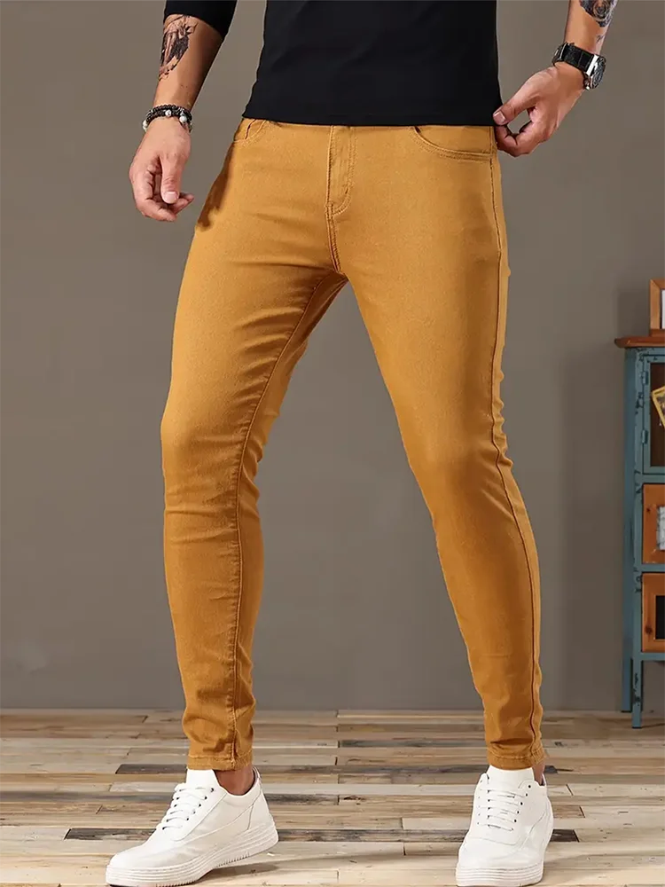 

2026 Spring New 98%Cotton Men's Slim Jeans Straight Casual Fashion Pencil Pants High Quality Trousers Male Clothes Brown Yellow