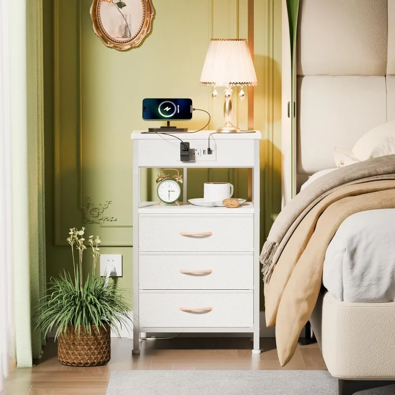 

Night Stand with Charging Station,PVC&Fabric Drawers,Side Table with USB Ports&Outlets,3 Drawer Storage Nightstand for Bedroom