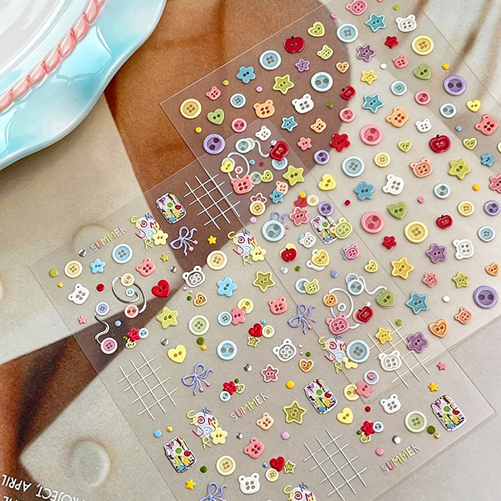 1PCS Kawaii Button Star Bow Nail Art Stickers 3D Colorful Cartoon Nail Decals For DIY Manicure Nail Salon Home Nail Decorations*