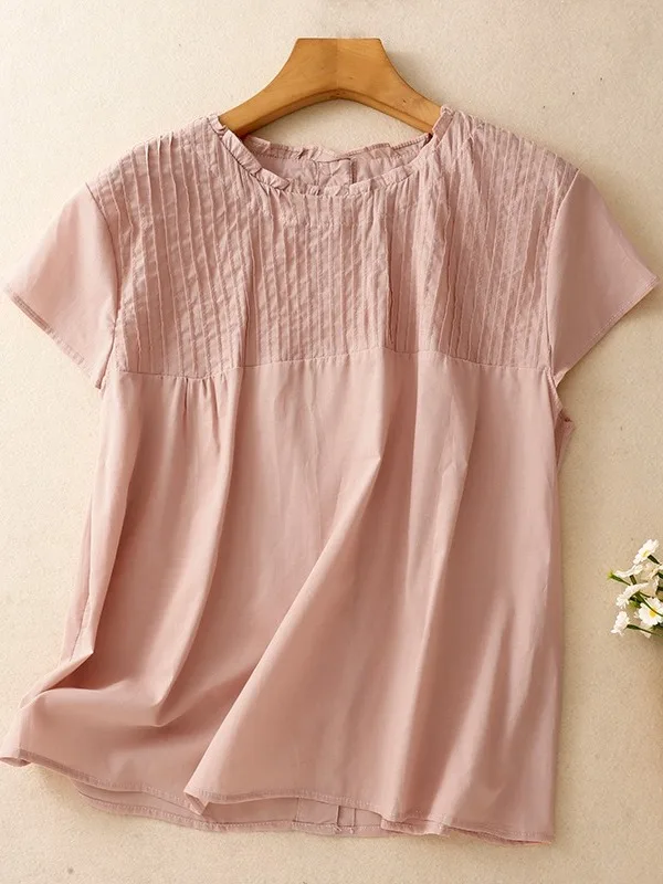 

Retro Accordion Pleat Flax Short Sleeve Women's Shirt Summer Lightweight Breathable Cotton Linen Two-Way Wear Pure Color Top