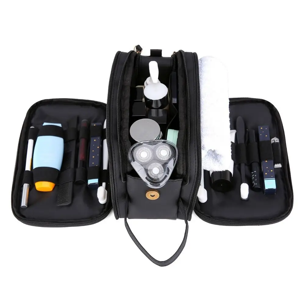 Durable Waterproof Toiletry Bag Portable Double Side Shaving Pouch PU Leather Handle Makeup Organizer Women