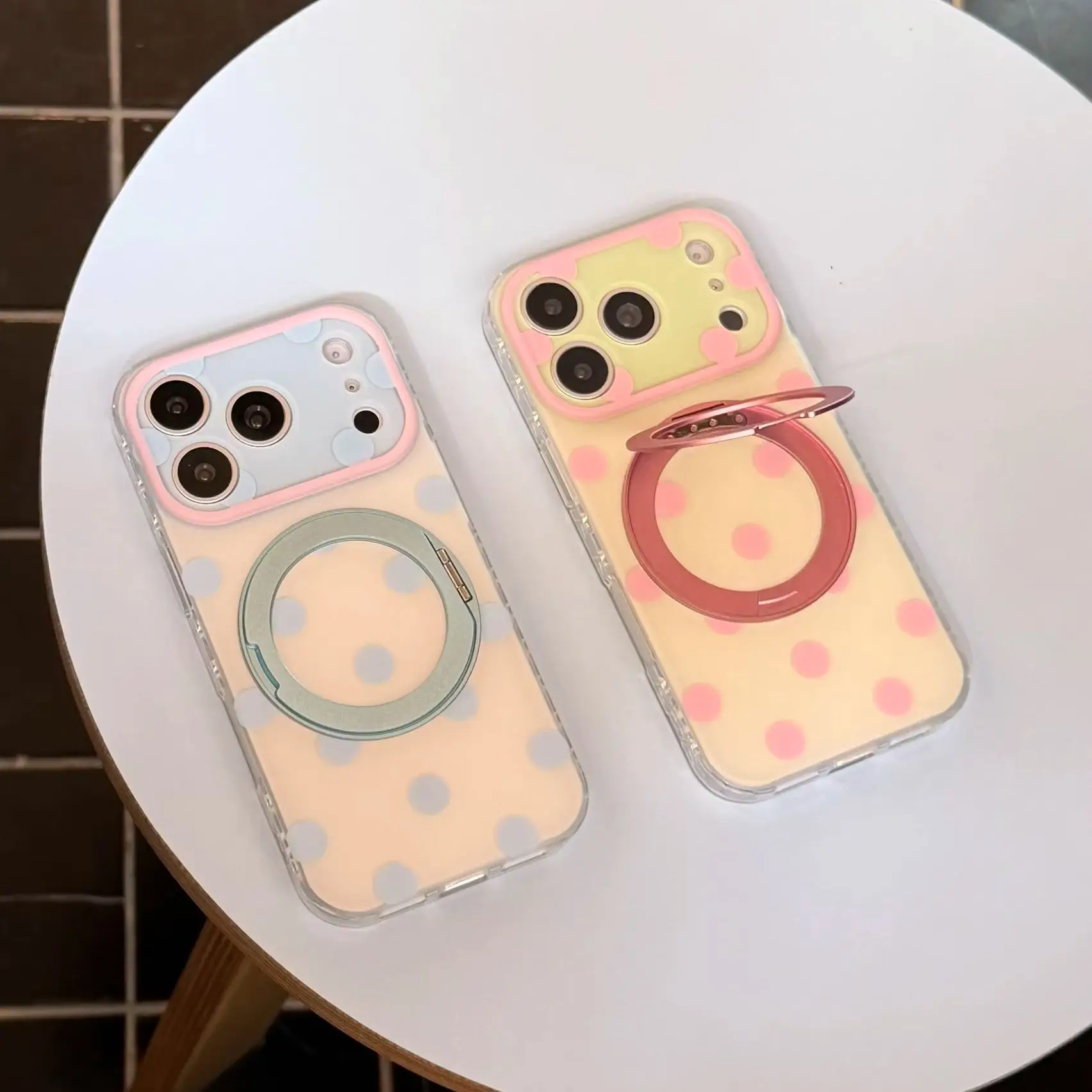 Fashion White Pink Blue Polka Dots Pattern White Purple Matte Cover Case For iPhone 17 16 15 Pro Max with 360° Rotation Holder view 5