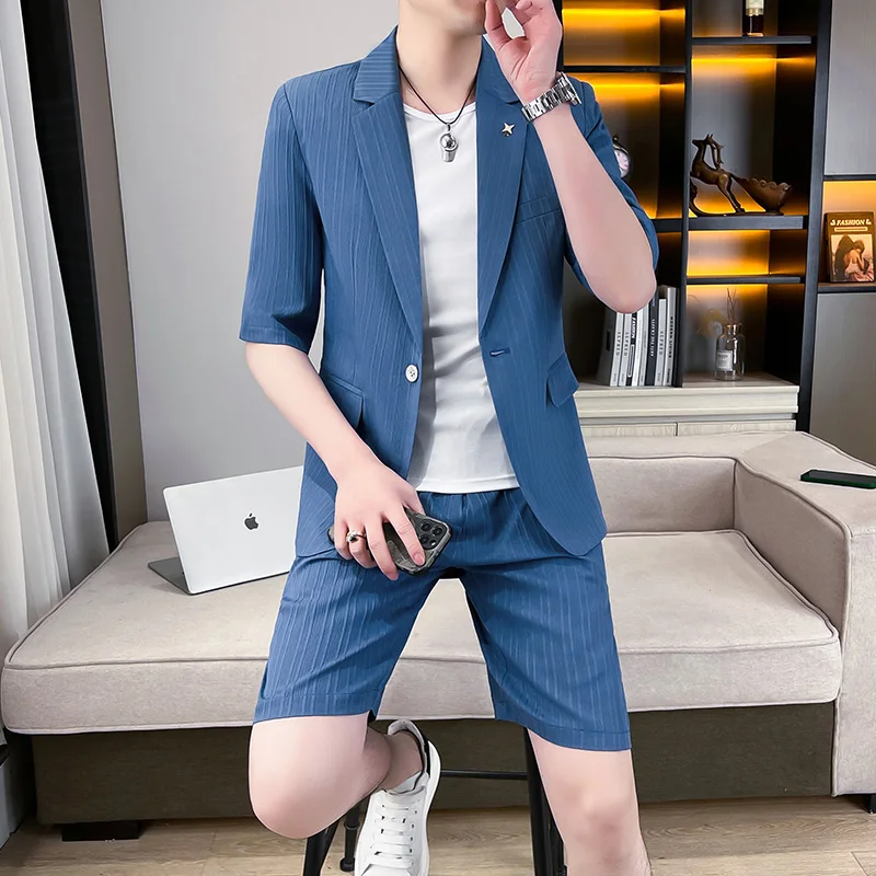 Summer Men\'s Blazer & Shorts Set Elegant Plain Lapel Solid color Short Sleeve Blazer & Shorts 2Pcs Suit