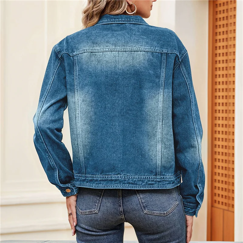 ABRT-Female Basic Button Down Stretch Fitted Long Sleeves Denim Jean Jacket