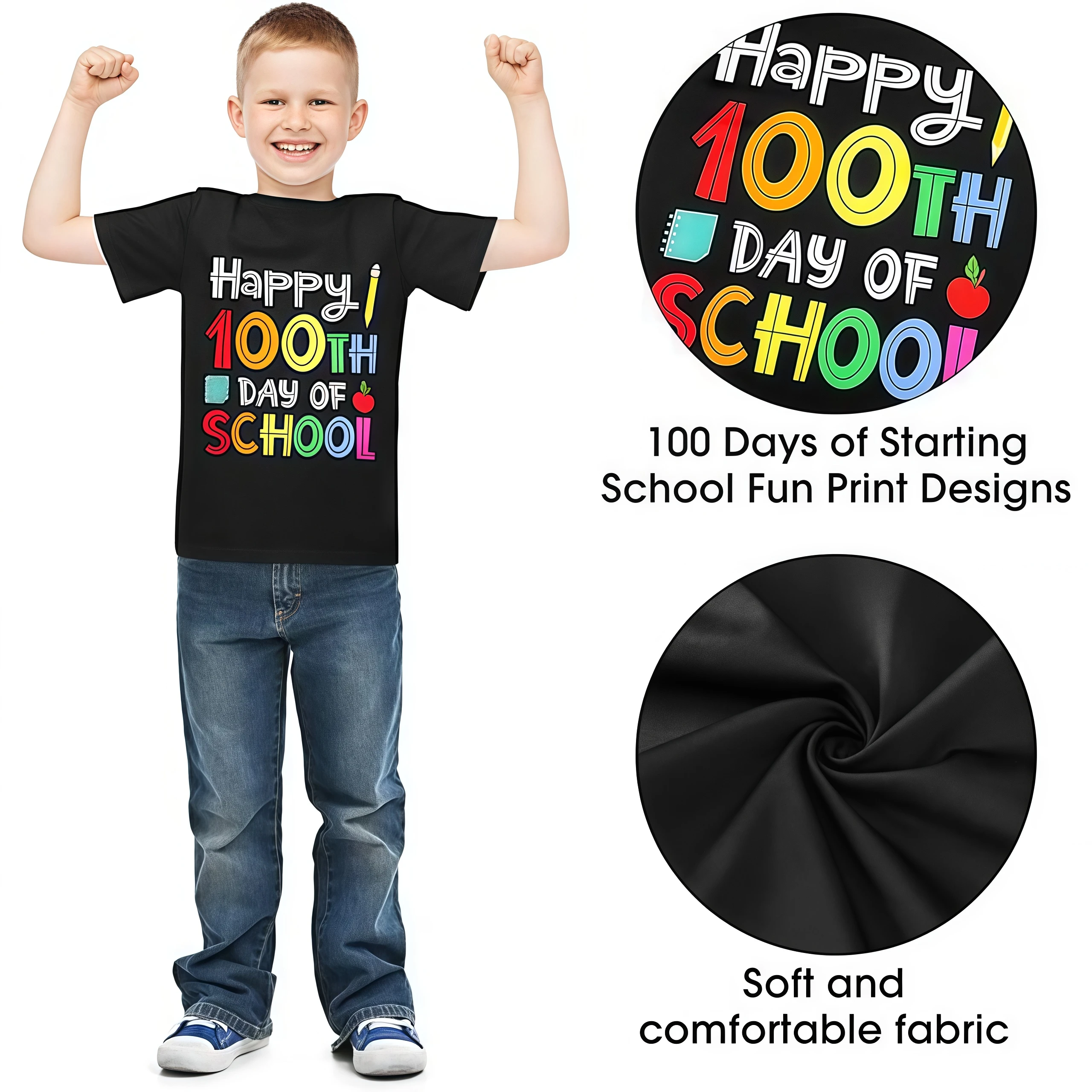 Toddler Happy 100 Days Of School T-Shirt Boys Girls Kindergarten Shirt 100th Day Of School Celebration Performance Gifts Tops