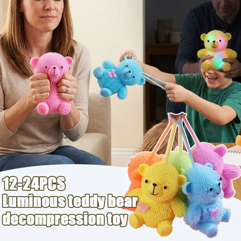 12-24PCS Stress Relief Toy Glow Bear Squeeze Ball Elastic Fuzzy Squishy Toy Bow Design for Kids Adults Home Office Party Gift