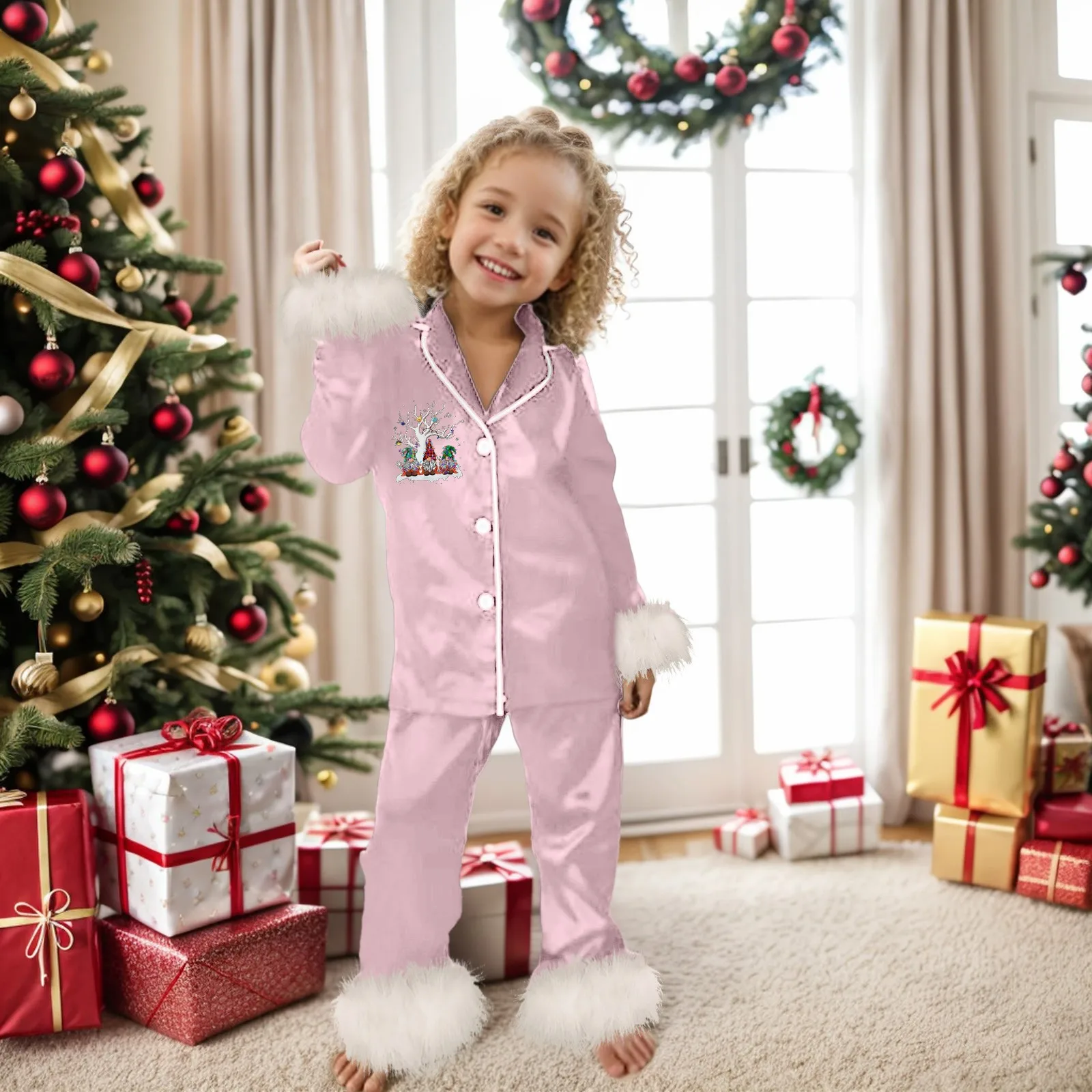 Children Boy Girl Satin Silk Xmas Printed Pajamas Set for Kids Toddler 2-14 Years Long Sleeve Loungewear Children Casual Pyjamas