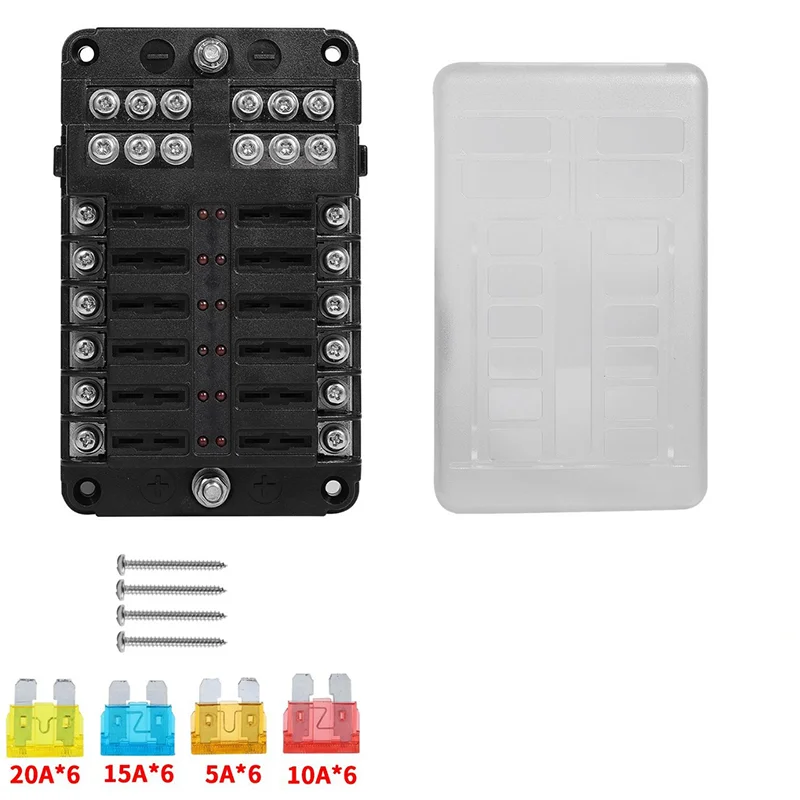 12-Way Protection Circuit Auto (Car) Blade Fuse Box Holder Block With Light And Negative
