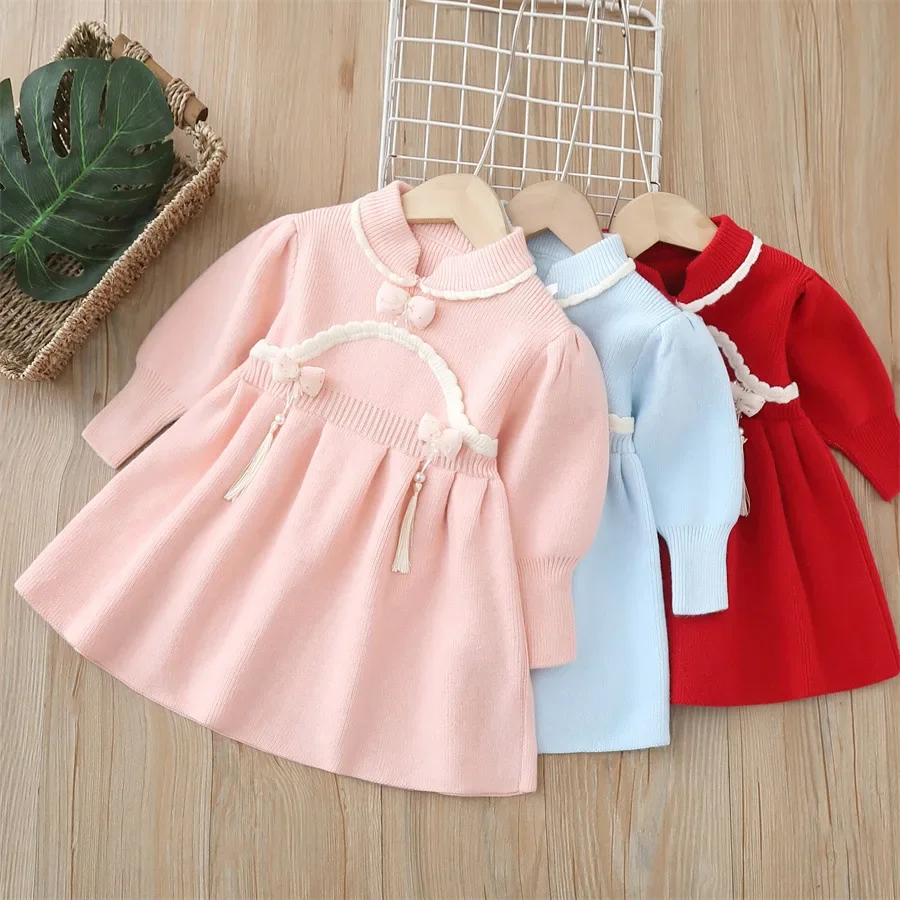 

Girls Knitted Dresses Spring Autumn 2024 Children Sweaters Knee-Length Dress For Baby Girl Princess Clothes Kids Party Costume