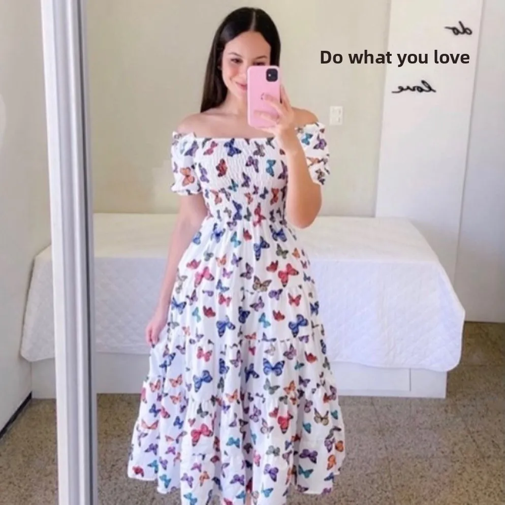 Artistique Fre imprimé fleuri été nouveau Sle femmes Dr gâteau jupe ort Sve une épaule basique Faion Polyester Dr