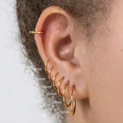Gold Color 18K Round Circle Stainless Steel Huggies for Women Men Small Solid Ring Hoop Cartilage Piercing Earring 6 Sizes