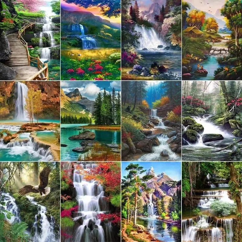 Diamantmalerei mit Wasserfall- und Berglandschaftsmotiv, handgefertigte Kunstwerke mit natürlichen Landschaftsmotiven, ein exquisites und kreatives Geschenk zur Dekoration des Zuhauses.