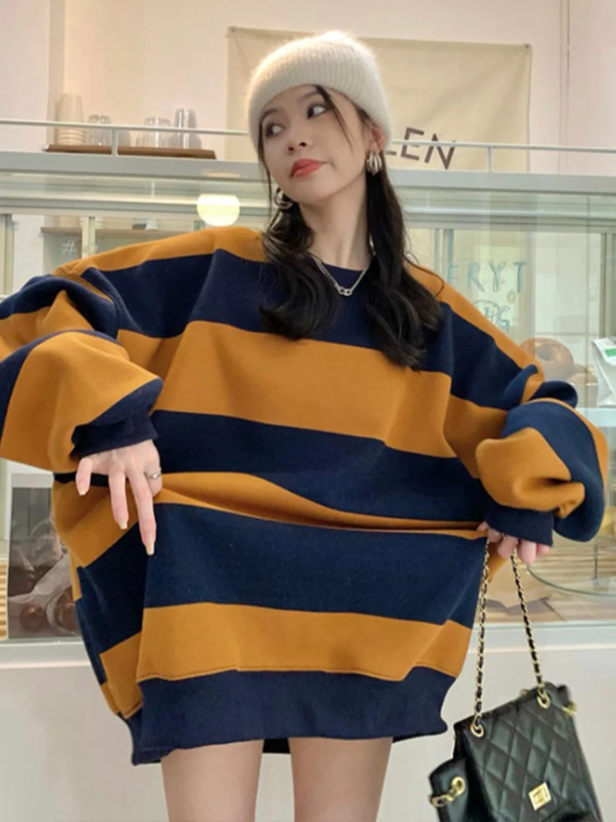 

Oversize American Retro Striped Sweatirt round Ne ex Autumn Winter Large Size 300 Pou Color Blo Hoodie Streetwear