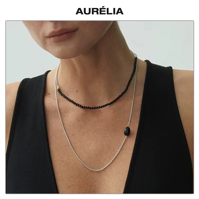 

Fashion Black Agate Water Droplet Long Necklace Sweater Chain Women Simple Versatile Jewelry Trend
