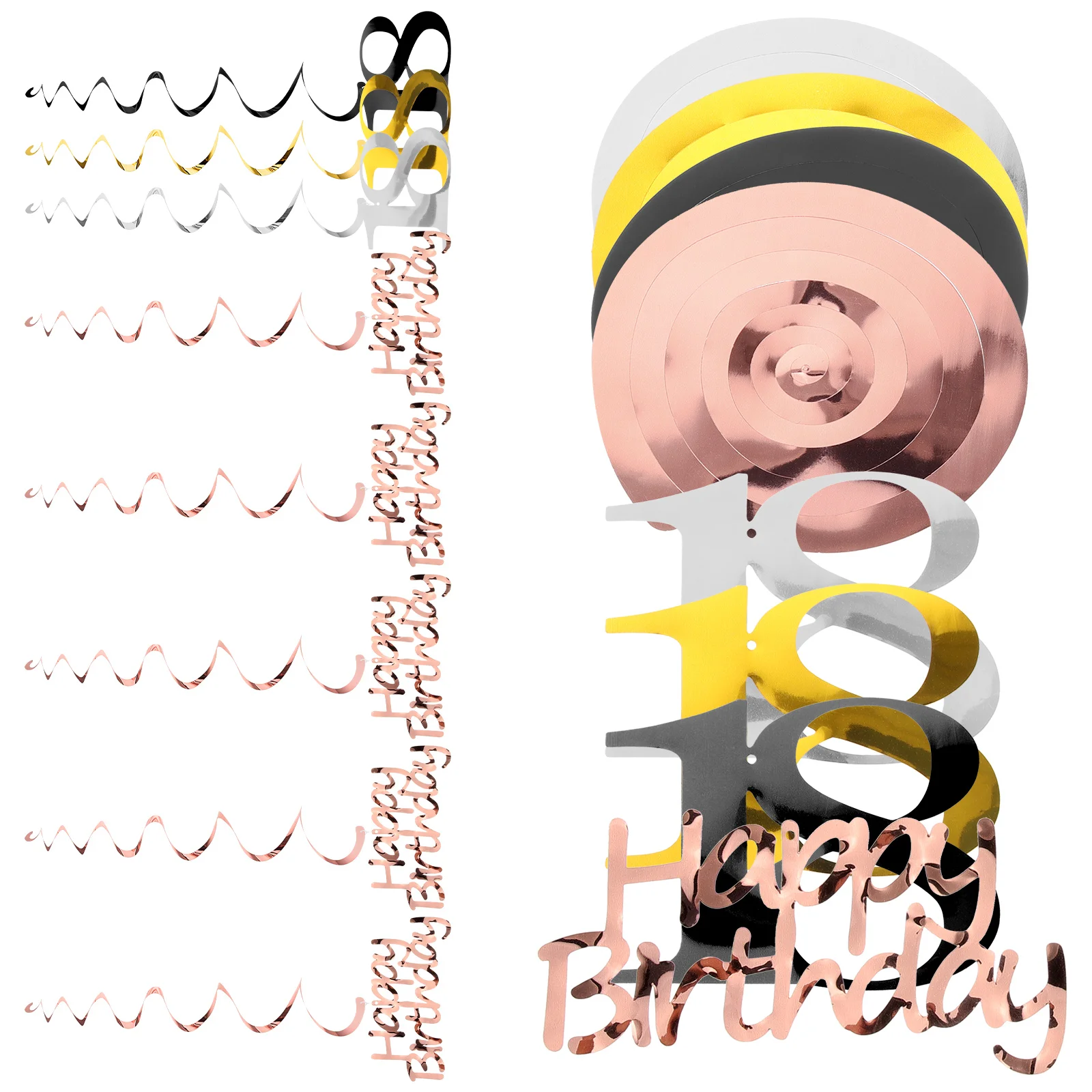 

12 Piece Birthday Spiral Hanging Decorations 18th Party Supplies PVC Ceiling Swirls Reusable Black Gold Letters Happy Birthday