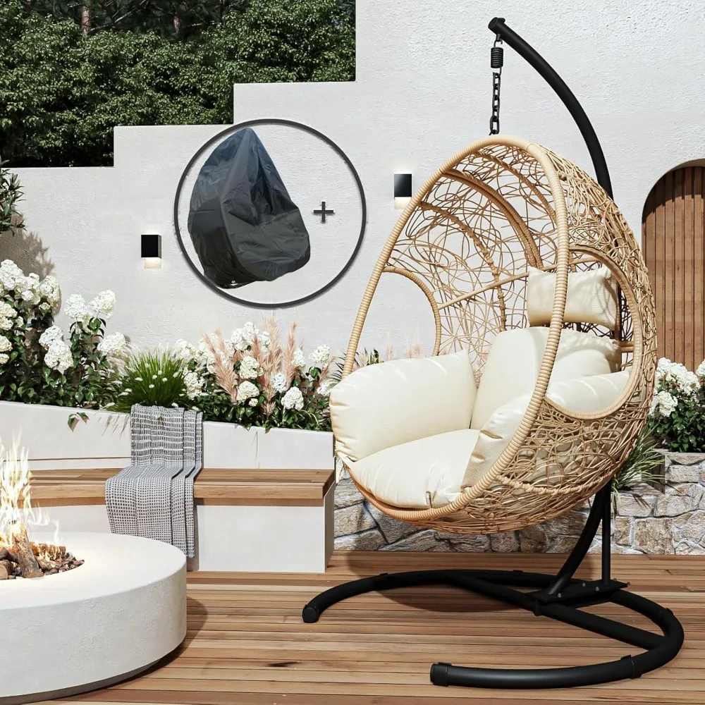 

Hanging Egg Chair with Stand, Oversized Patio Swing Chair with Stand and Cushion, Hammock Wicker Rattan Lounge Chair