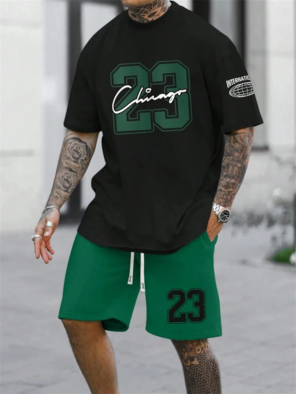 Conjunto de dos piezas de verano para hombre, N ° 23 Camiseta con estampado de letras, pantalones cortos casuales de manga corta a juego de colores, ropa de verano