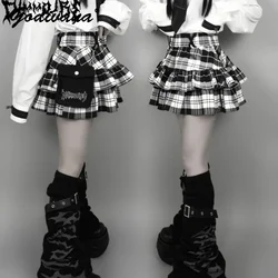 japoński Harajuku Punk College Style Plaid Cake Ultra Short Skirt Subculture Y2k Girl Autumn Mini Skirt with Waistbag