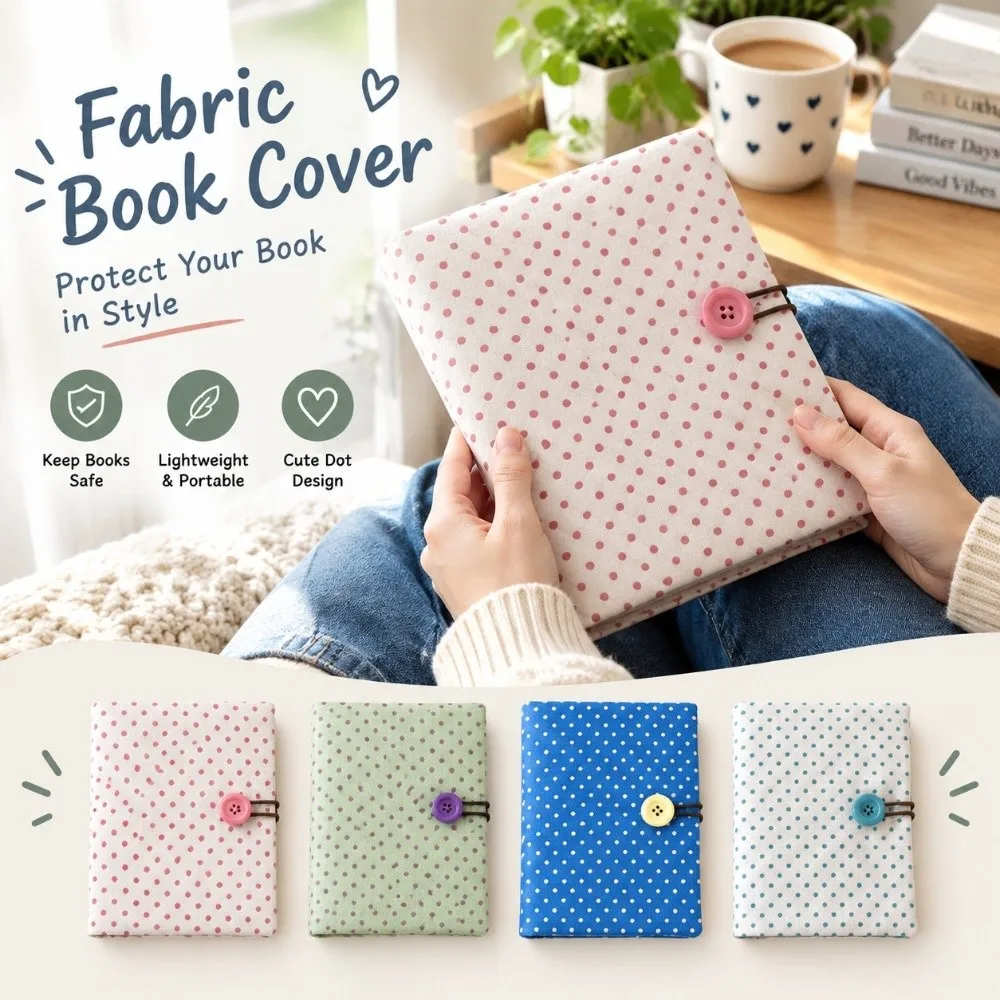 New Lightweight Book Cover Polka Dot Button Closure Notebook Jacket Cloth Fabric Diary Cover Journal Writing