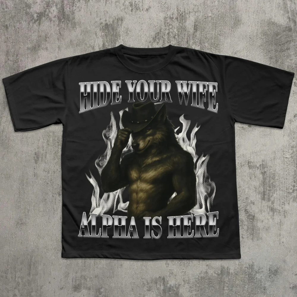 إخفاء زوجتك ألفا هنا قميص كرينج بالذئب ميمي التي شيرت السخرية تي شيرت الساخرة الجرافيك المحملة 90s Y2K قمصان الملابس
