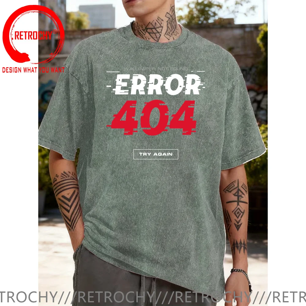 Vintage Washed Cotton T Shirt Error 404 Wallpaper Not Found Printed Men's T-Shirt 100% Cotton Oversized Glitch Art Graphic Tees