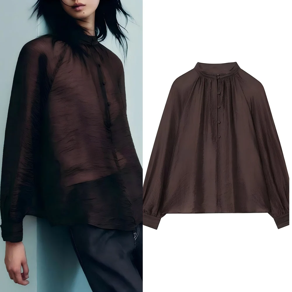 

Новая женская модная повседневная полупрозрачная рубашка с пуговицами и воротником-стойкой, женская рубашка в стиле ретро с рукавами-пузырьками, шикарный топ