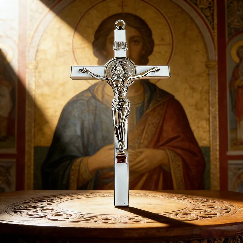 Neu2026 Traditionelles silberfarbenes katholisches St.-Benedikt-Kruzifix mit INRI-Gravur für Kirchenaltar und spirituelle Heimdekoration – Detail 13