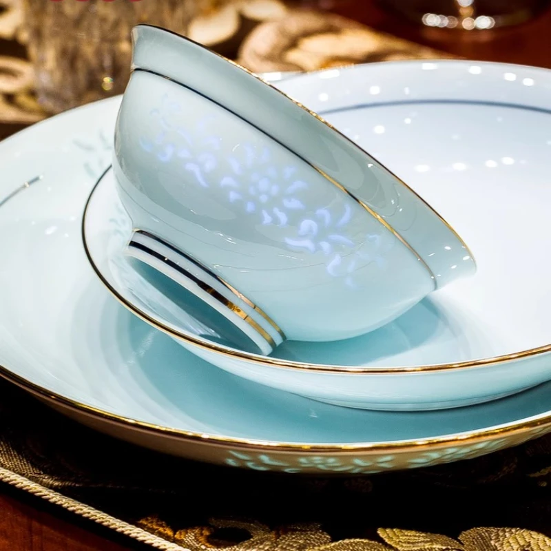 Underglaze Colour Dinnerware Set Celadon Linglong Porcelain Bowl Plate Dinnerware Set Household Bone China Tableware Set Gift