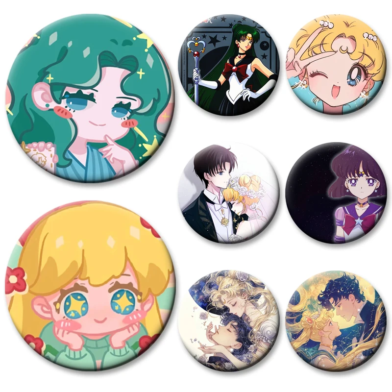 

Sailor Warrior Anime Brooches Tsukino Usagi Chibiusa Ami Rei Makoto Cartoon Badge Snap in Design Round Lapel Pins Exquisite Gift