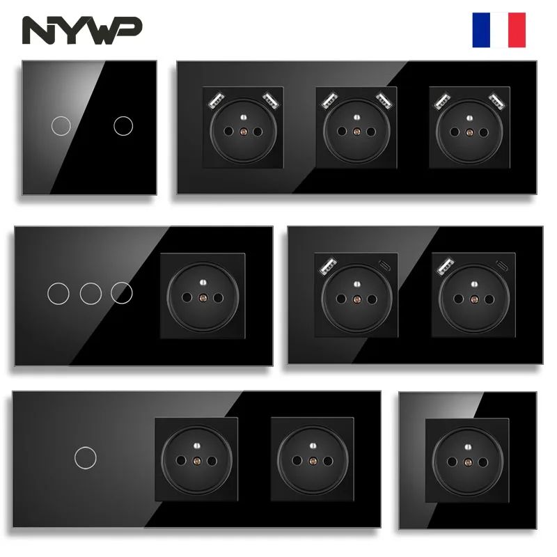 NYWP Touch Light Switch France Sockets USB C Phone Charge Crystal Glass 1/2/3Gang Wall Switches Double Sockets Black