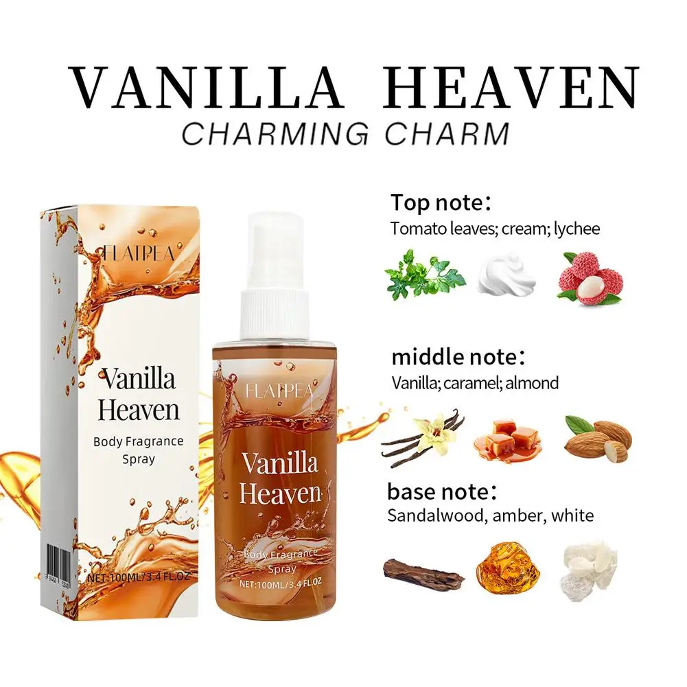 Vanilla Heaven Body Fragrance Spray 100ml, Alcohol Free Mild Formula Non Irritate Skin Long Lasting Gentle Light Scent Mist