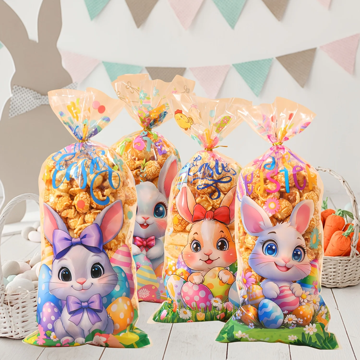 50 Easter opp candy bags, bunny egg plastic bags, transparent colorful easter bunny small gift gift bags with gold ties