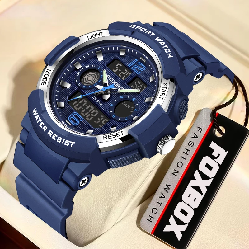 FOXBOX Casual Sports Electronic Man Watch Fashion Dual Digital Display Silicone Strap HD Luminous Waterproof Alarm Men's Watches