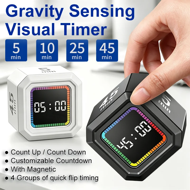 Gravity Sensor Visual Timer Digital Flip Timer Count Up/Down 5/10/25/45 Min with Magnetic Kitchen Timer for Study Work Fitness