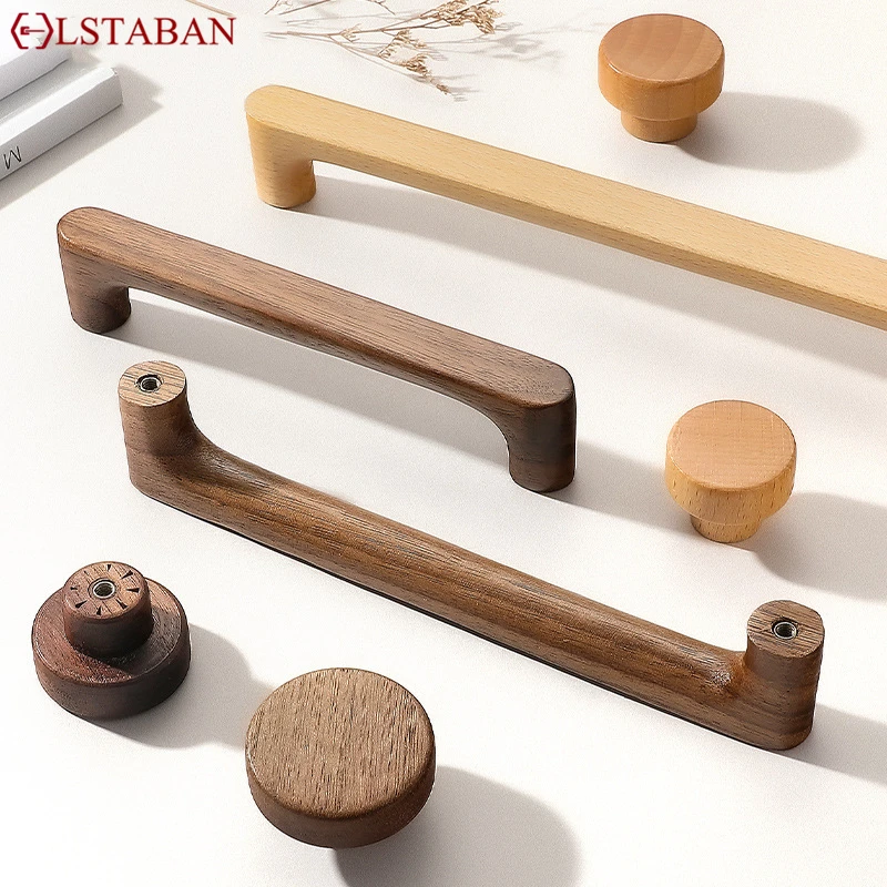 Solid Wood Cabinet Door Handle Log Kitchen Beech Door Knob Cupboard Wardrobe Walnut Wood Drawer Pull Furniture Cabinet Knob