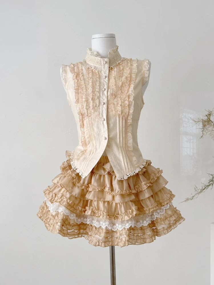

Summer Japanese Sweet Ballet Style 2 Piece Set New Women Ruffle Flounce Chic Tops+Elastic Waist Cake Skirt Casual 2000s Suits