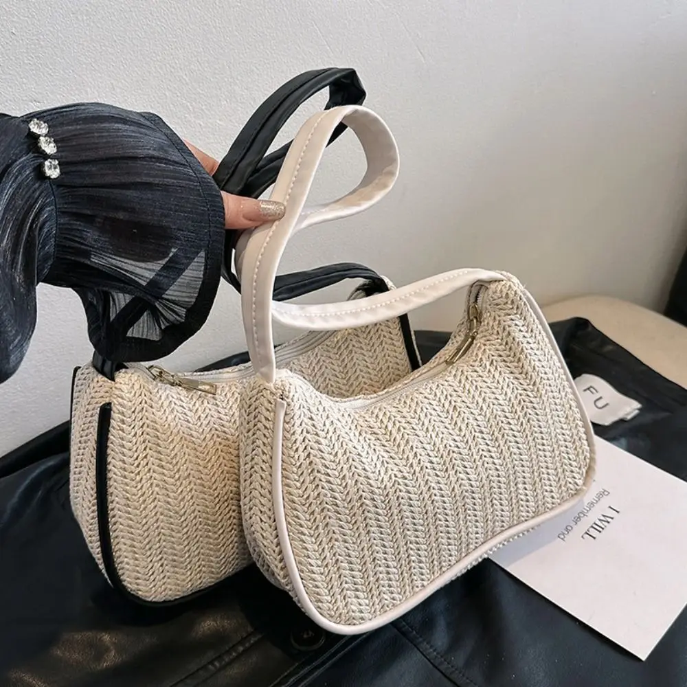 

Leisure Bohemian Straw Shoulder Bag Elegant Zipper Weave Straw Underarm Bag Casual Portable Clutch Bag Women