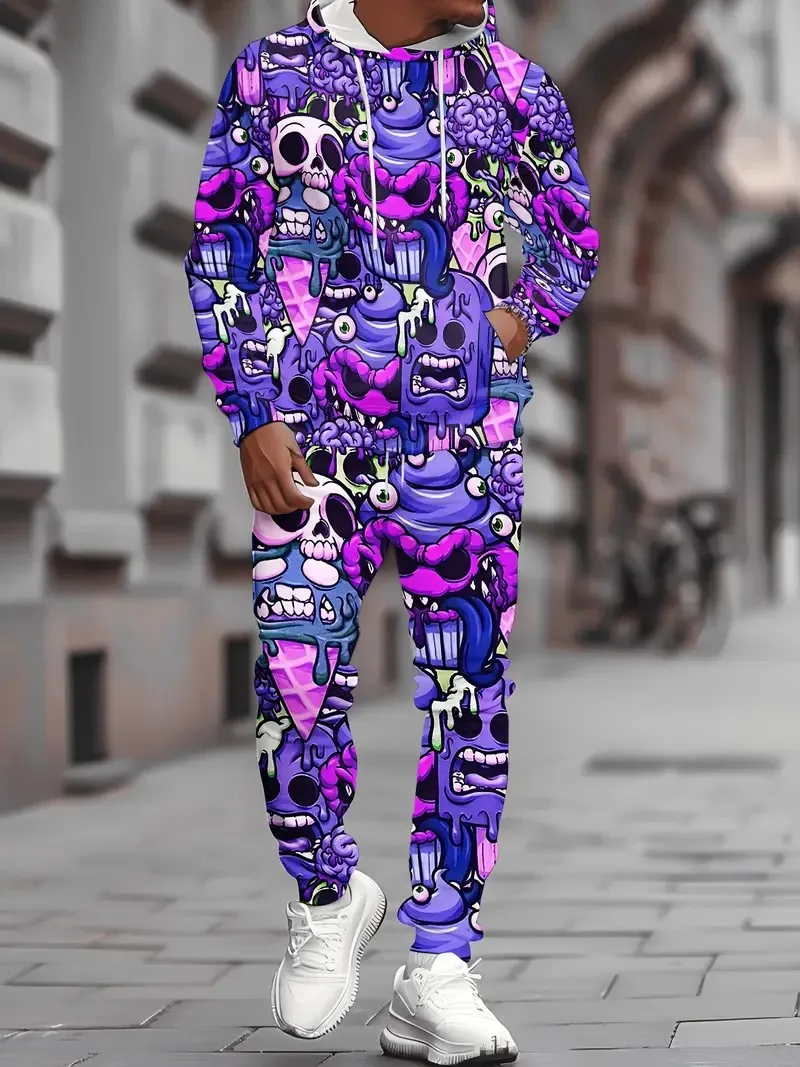 

The new men's hoodie set for Spring and Autumn 2025 features a casual fashionable and comfortable 3D graffiti pattern print