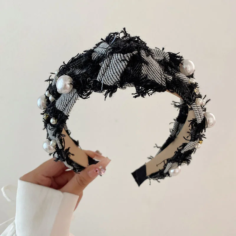 New Denim Headband Pearls Women Korean Style Hair Ornament Wide Hairband Top Bow Knotted Head Band Brand Fashion Headwear