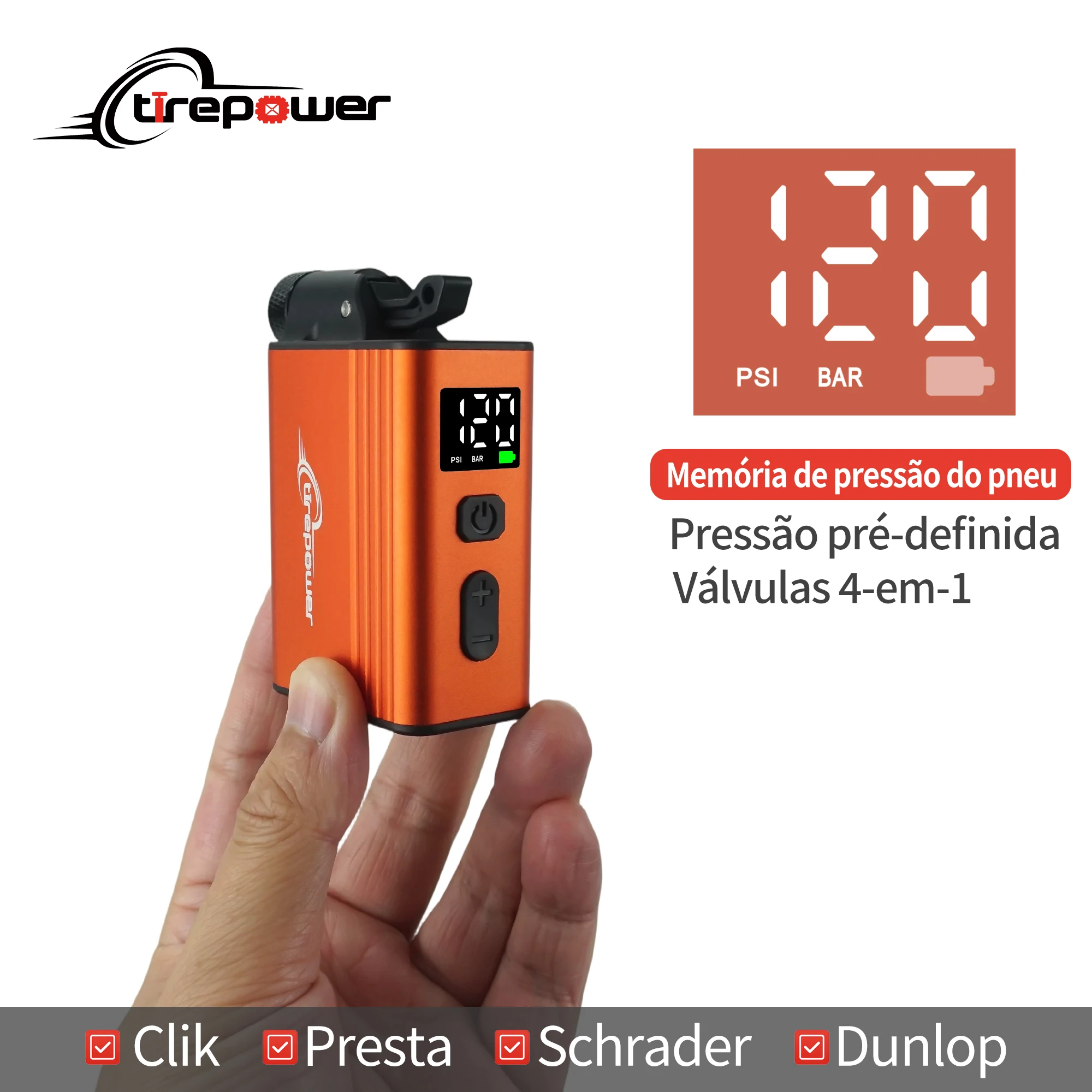 Bomba Infladora Elétrica Portátil de 120 PSI com Display Personalizado de Pressão dos Pneus para Bicicletas MTB e de Estrada com Válvula Schrader Presta Clik