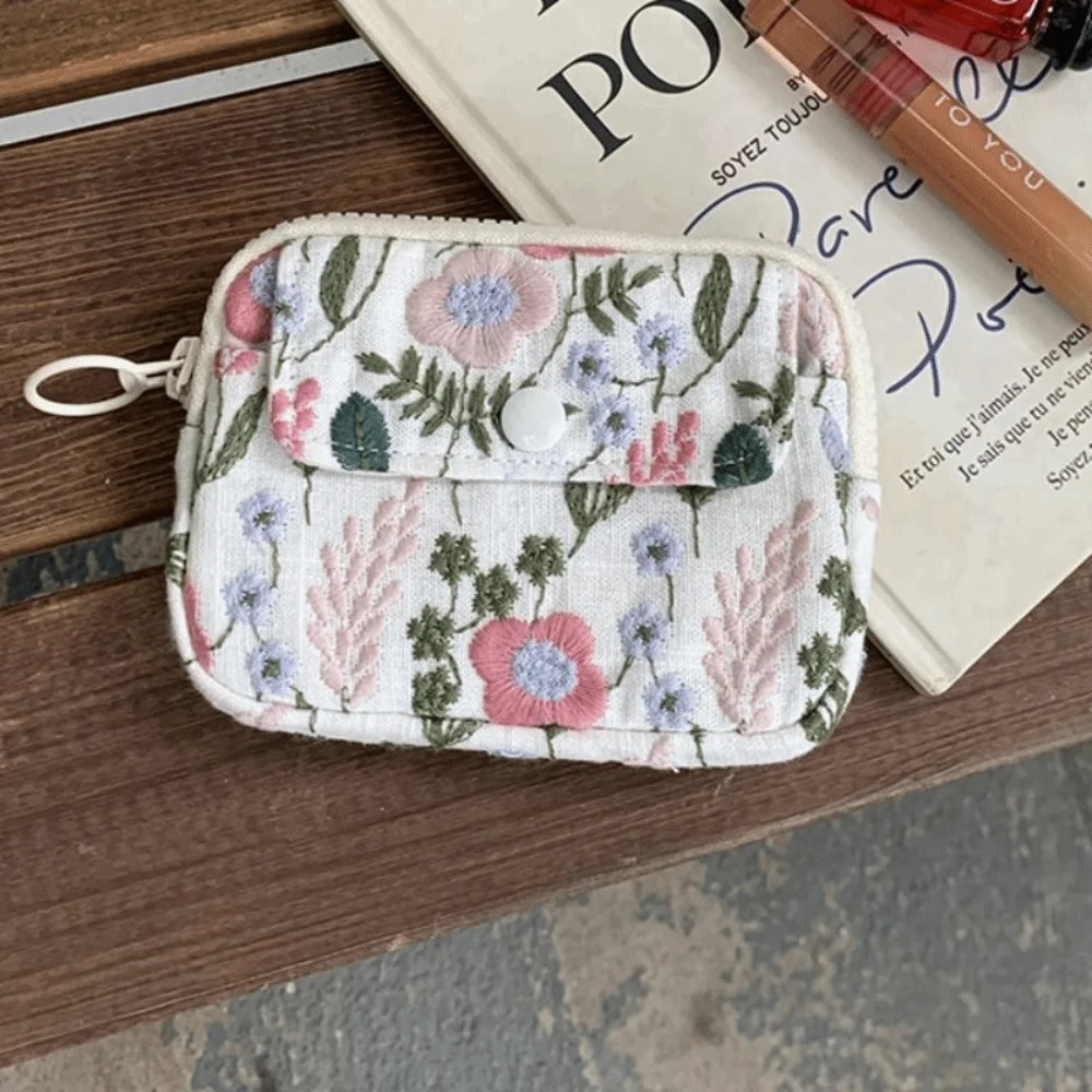 

Портативная милая сумка для хранения с вышивкой, хлопково-льняная, в корейском этническом стиле, кошелек для монет, держатель для карт, сумка для наушников с цветочным узором для девочек