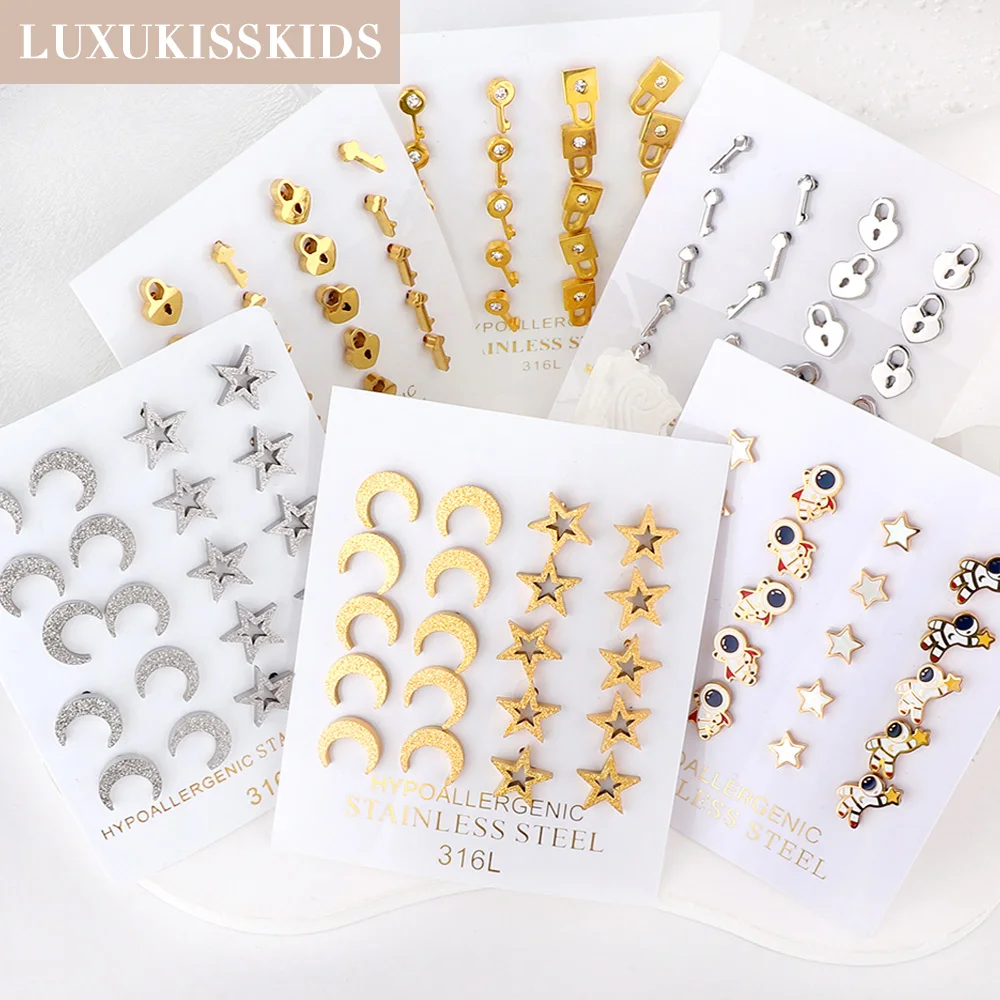 LUXUKISSKIDS 10Pairs/Card Symmetry Stud Earrings Cute Star Moon Lock Key Astronaut Aesthetic Korean Jewelry For Women/Men Gifts