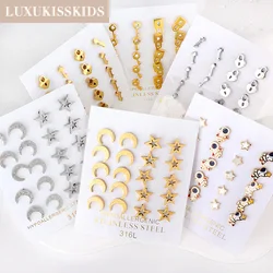 LUXUKISSKIDS-pendientes de tuerca de simetría para mujer y hombre, 10 pares/tarjeta, estrella, Luna, cerradura, llave, astronauta, estética coreana, regalos